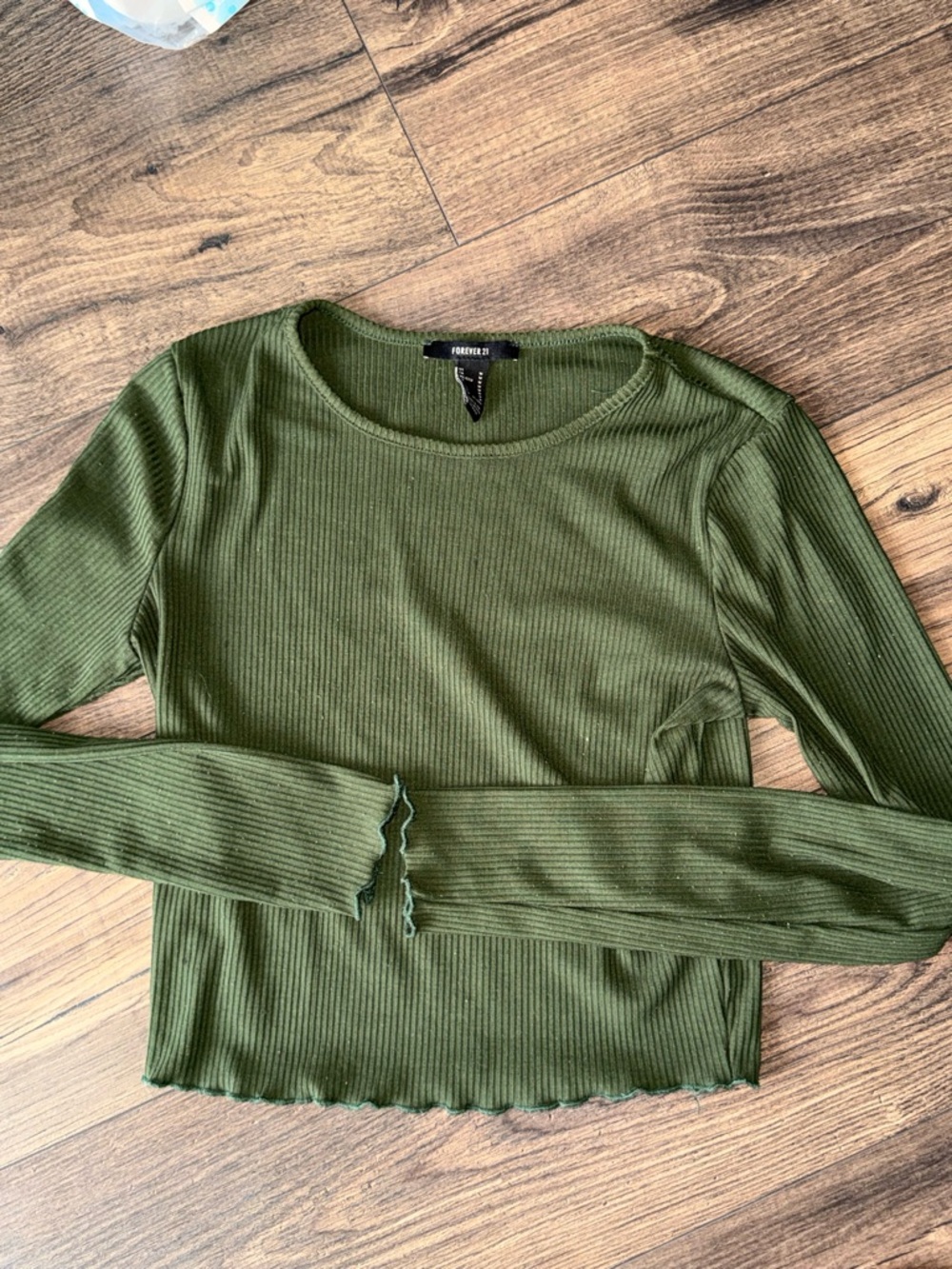 Forever 21 Olive Ribbed Long-Sleeve Crop Top